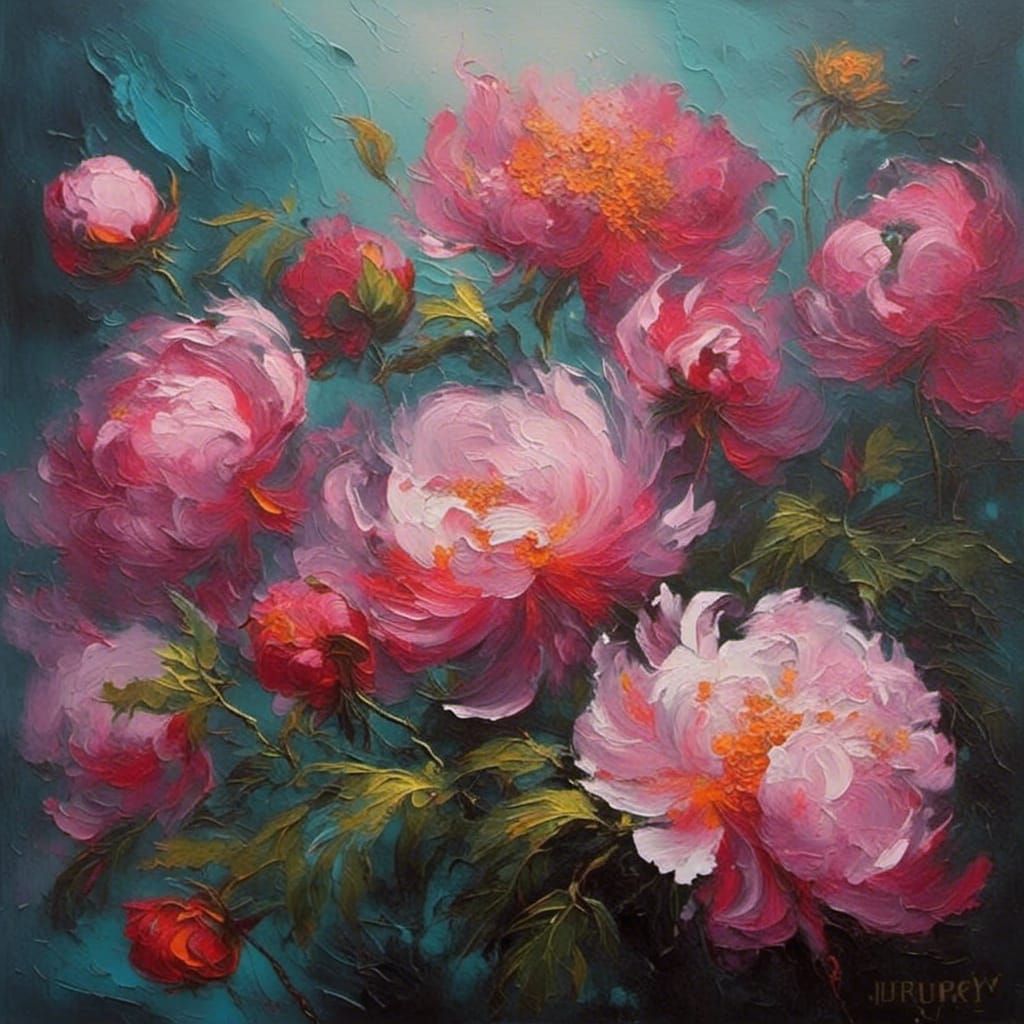 Coral Peonies Impasto Oil Painting