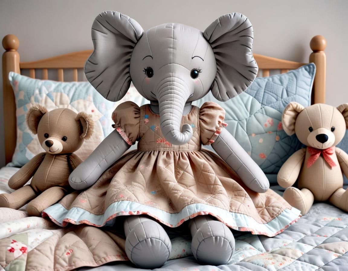 Toy Elephant, Teddy Bear, and Rag Doll on Bed
