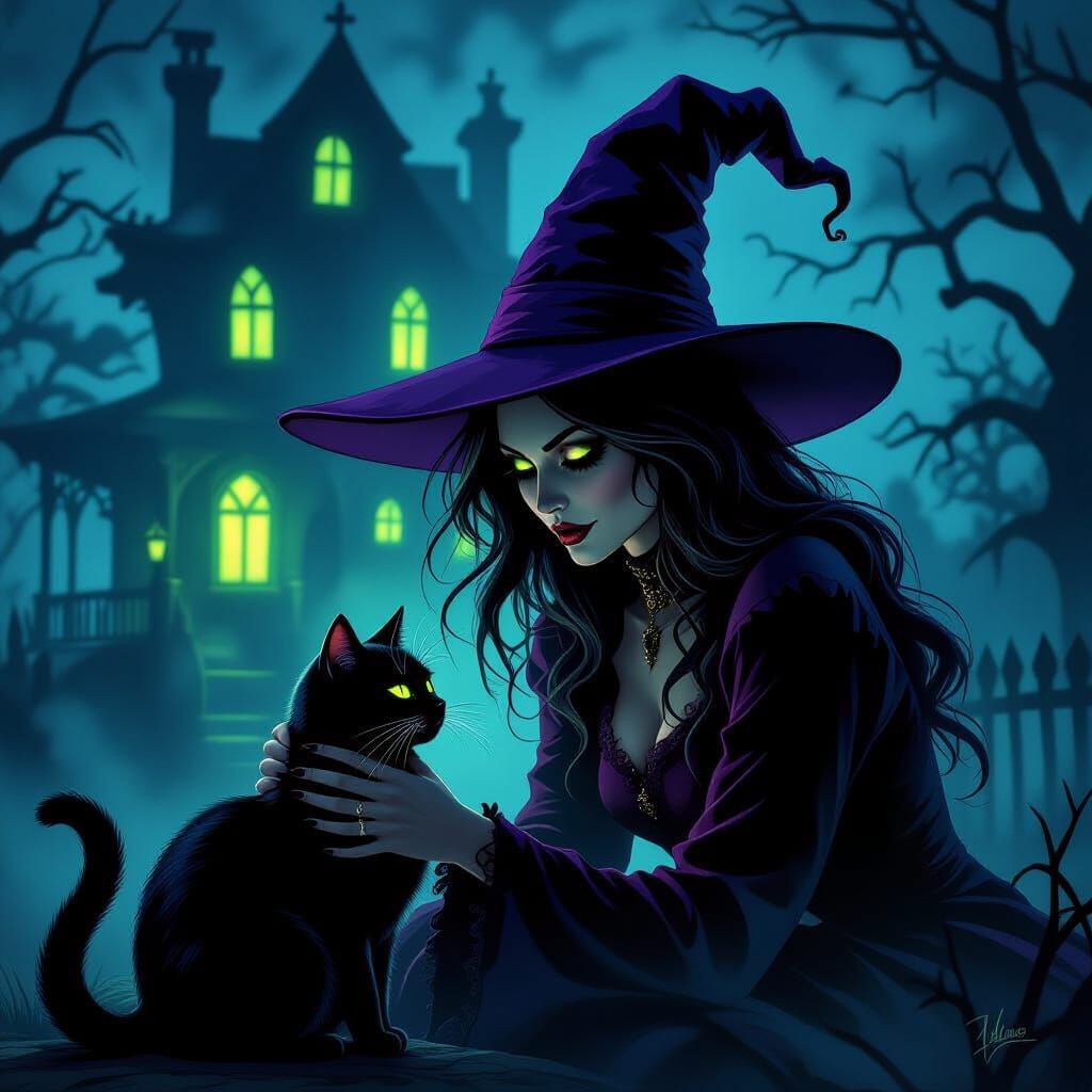 Scary Witch and Cat in Gothic Horror Style