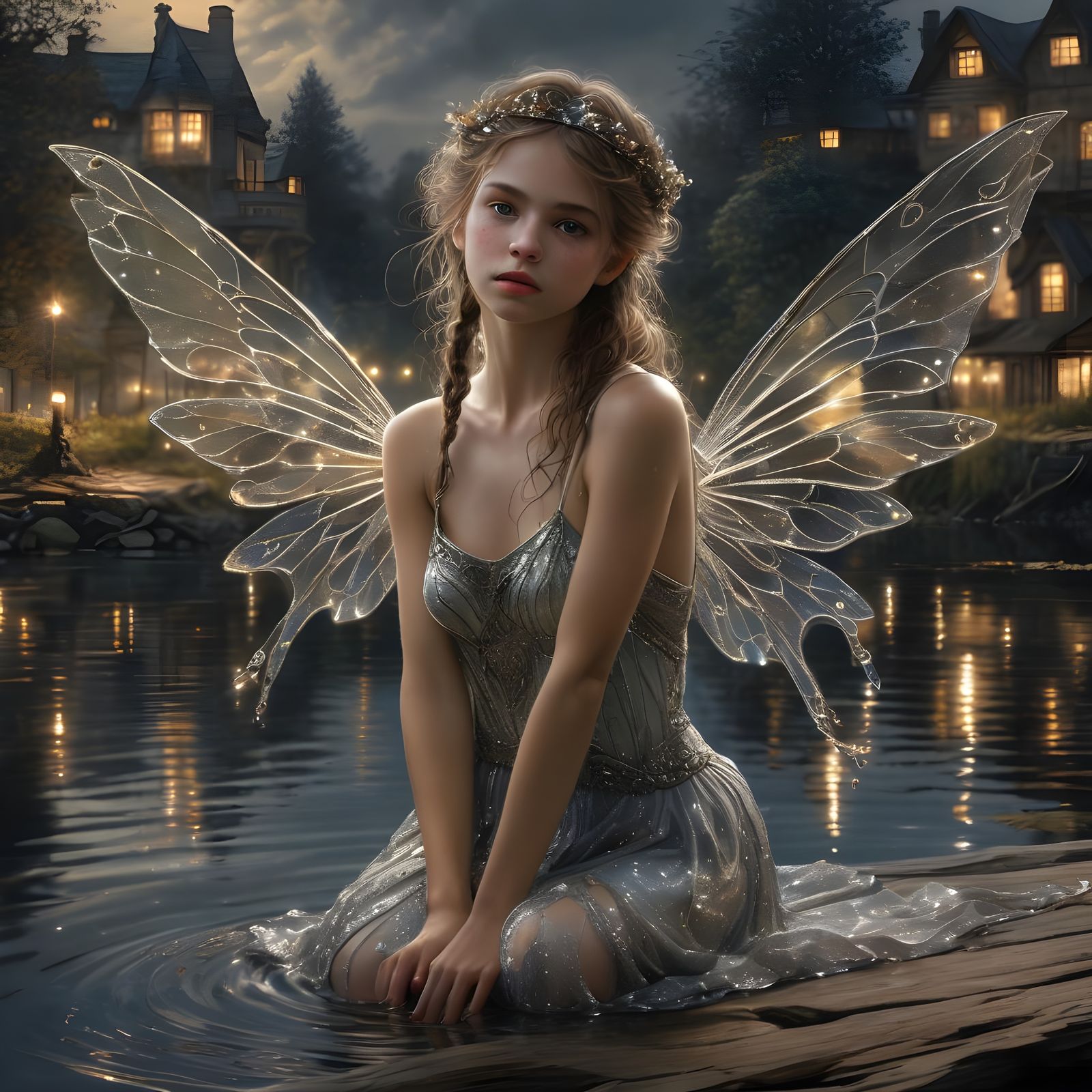 Magical Fairy Overlooks Twinkling City by Dark Lake