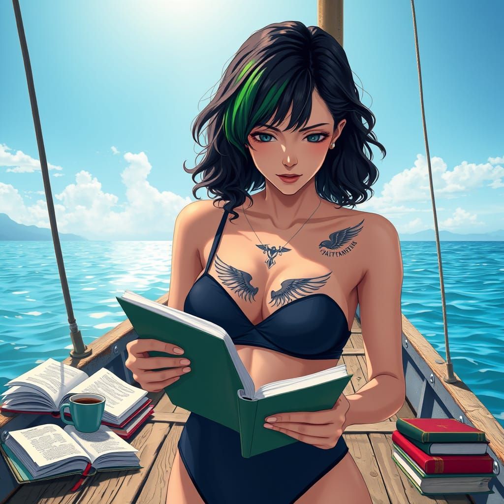Young Emo Woman Reads on Weathered Pier in Anime Style