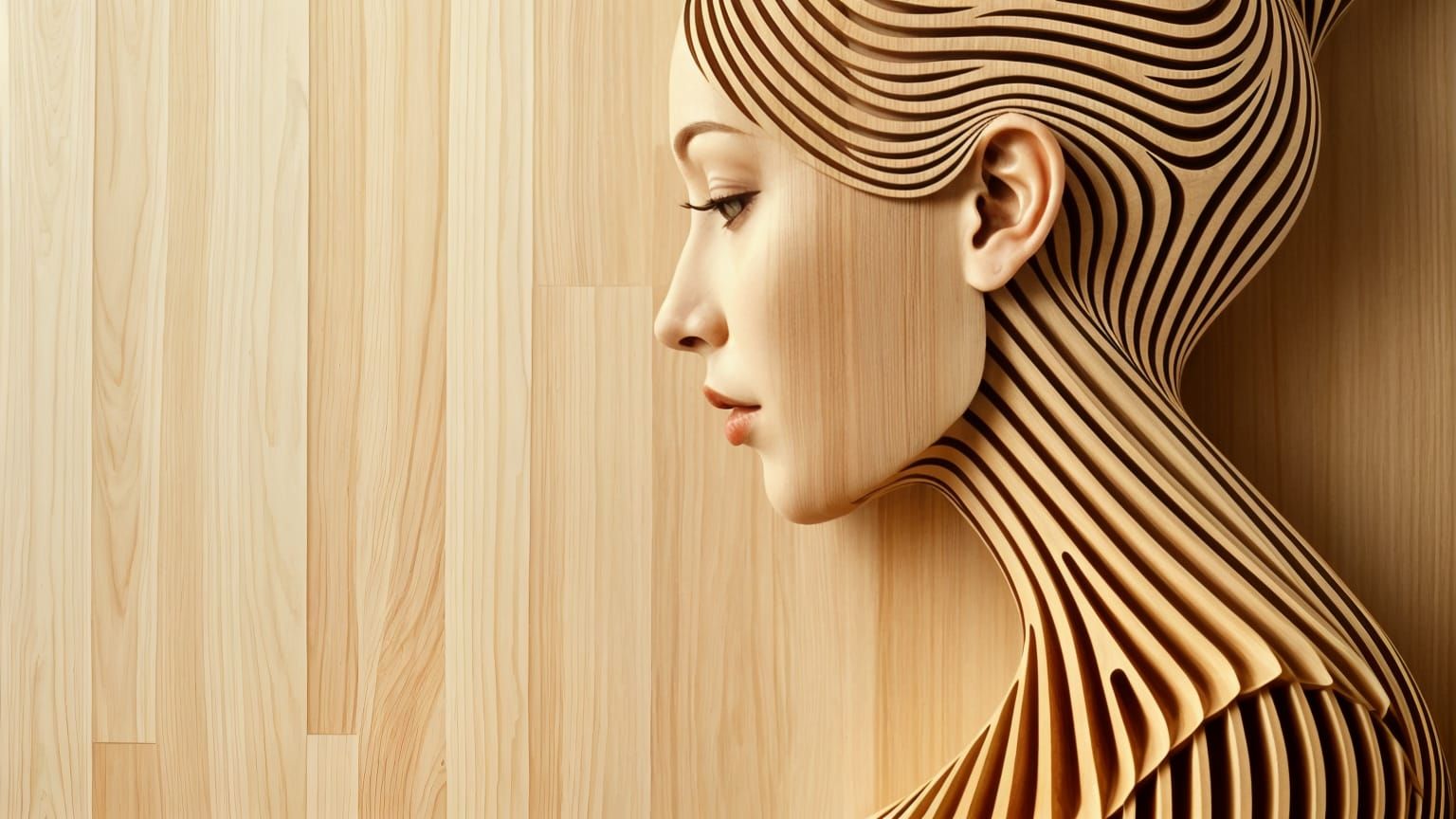 Woman's Profile Carved in Wood, Op Art Style