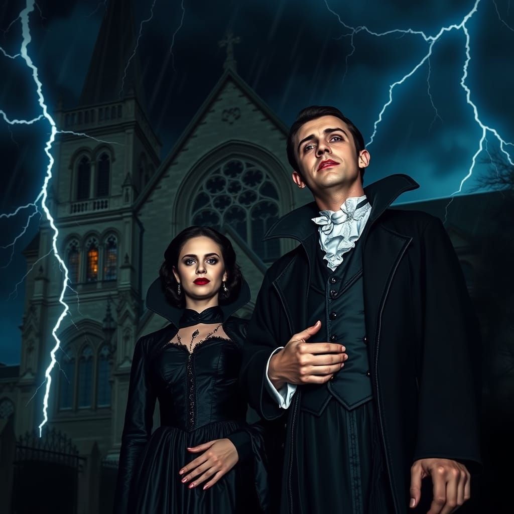 Victorian Vampire Couple Stands Before a Dark Gothic Cathedr...