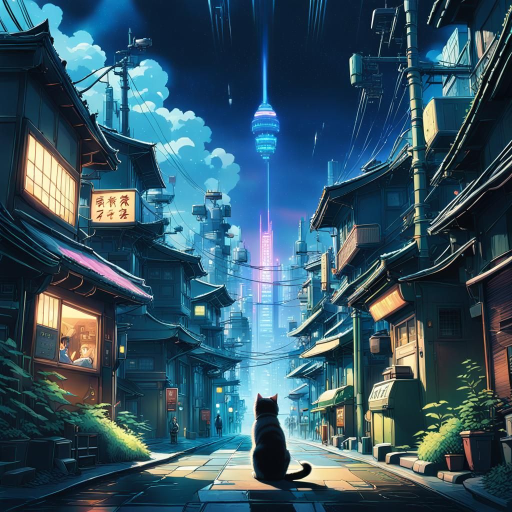 Cat Returns: Studio Ghibli Anime in Cyberpunk Style