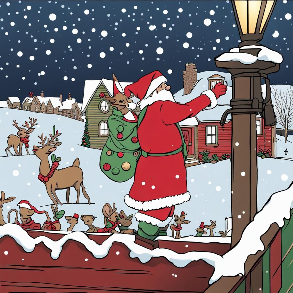 Christmas Town Scene with Holiday Lights and Snow