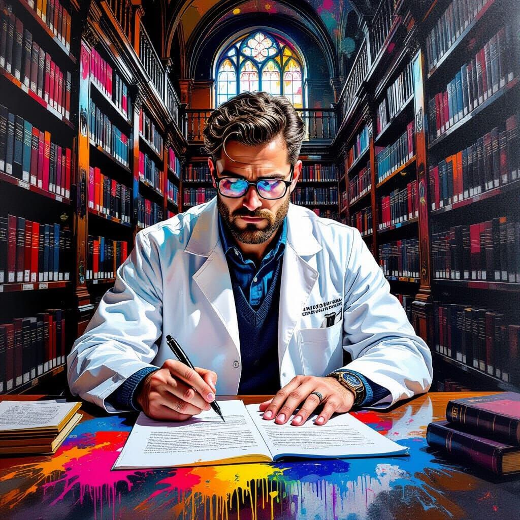 Scientist in Medieval Library with Graffiti Art Style