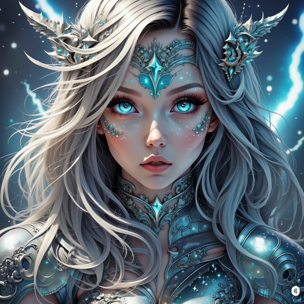 Metallic-Eyed Woman Shimmers in Electric Light