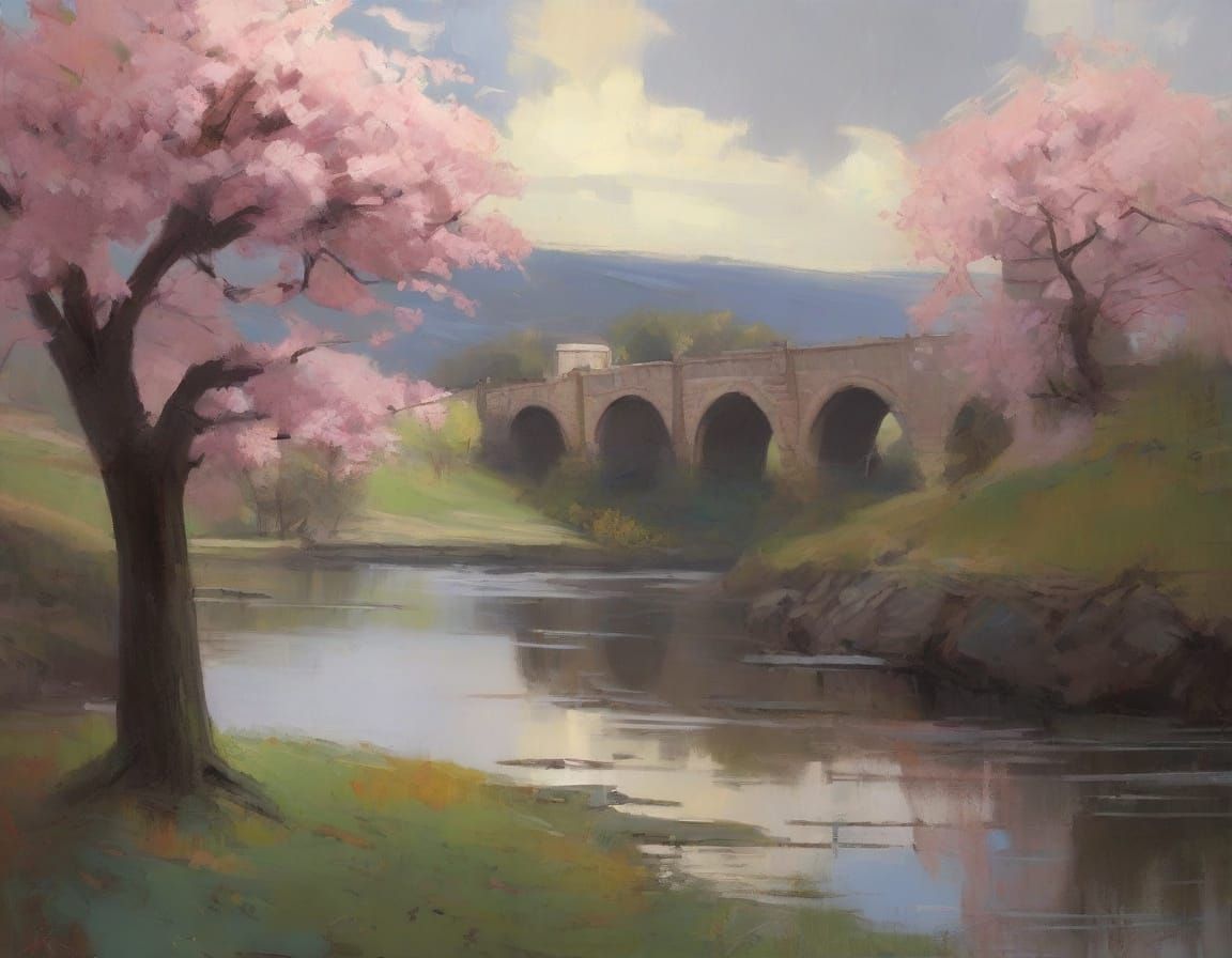 Medieval Bridge Over River, High Angle View