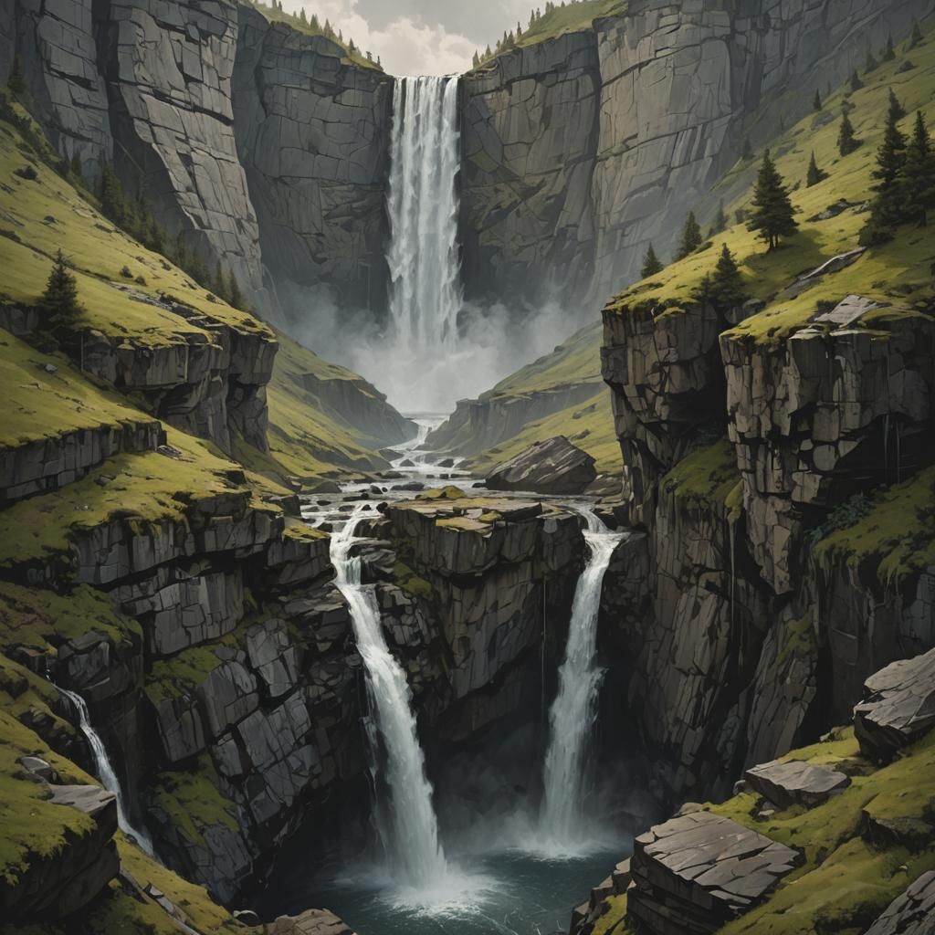 Dramatic Waterfall Landscape Inspired by Romanticism