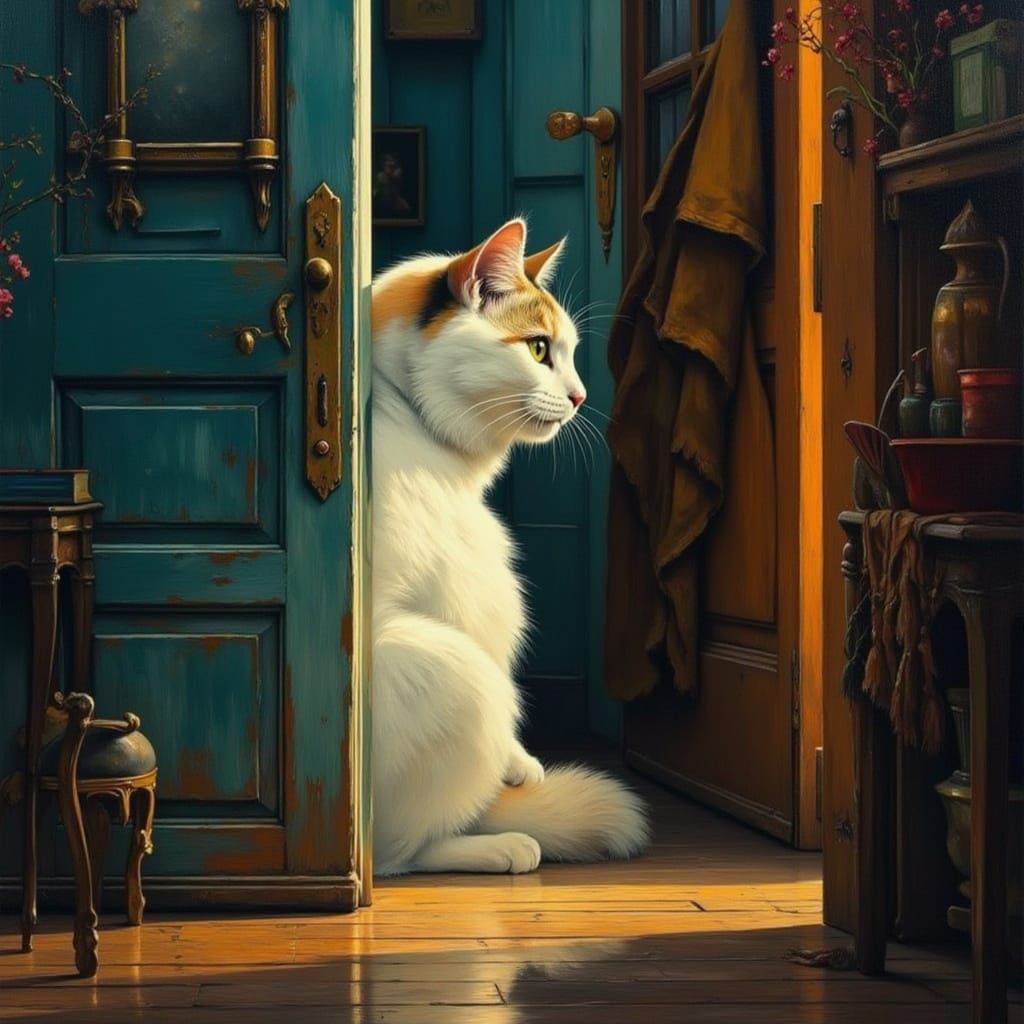 Giant Calico Cat Peers Through Doorway in Surreal Room