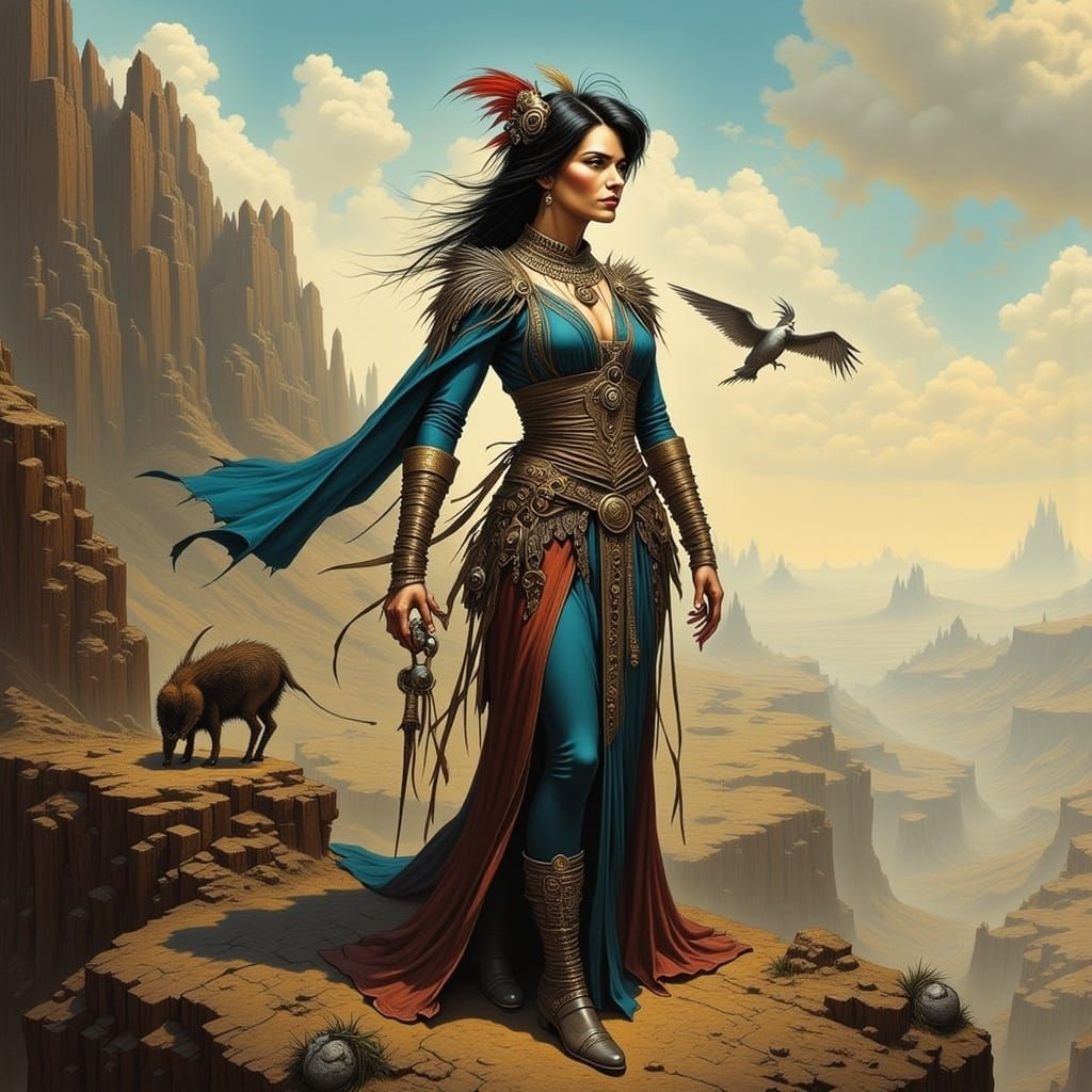 Elegant Woman on Windy Cliff in Art Nouveau Style