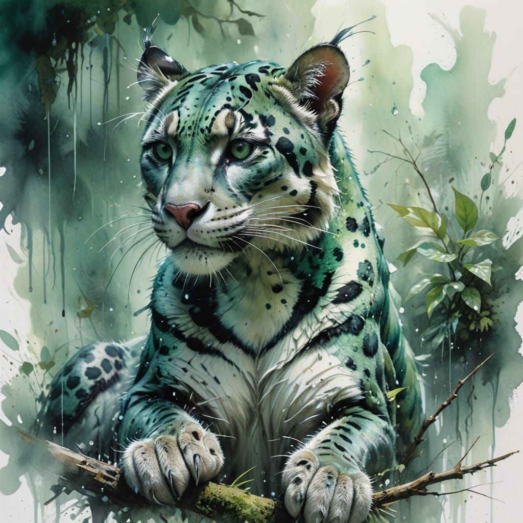 Clouded Leopard in Rainy Rainforest, Hyperrealistic Style