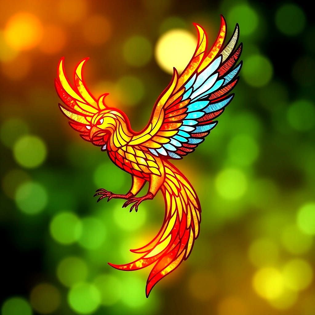 Fiery Stained Glass Phoenix in 3D Hyperreal