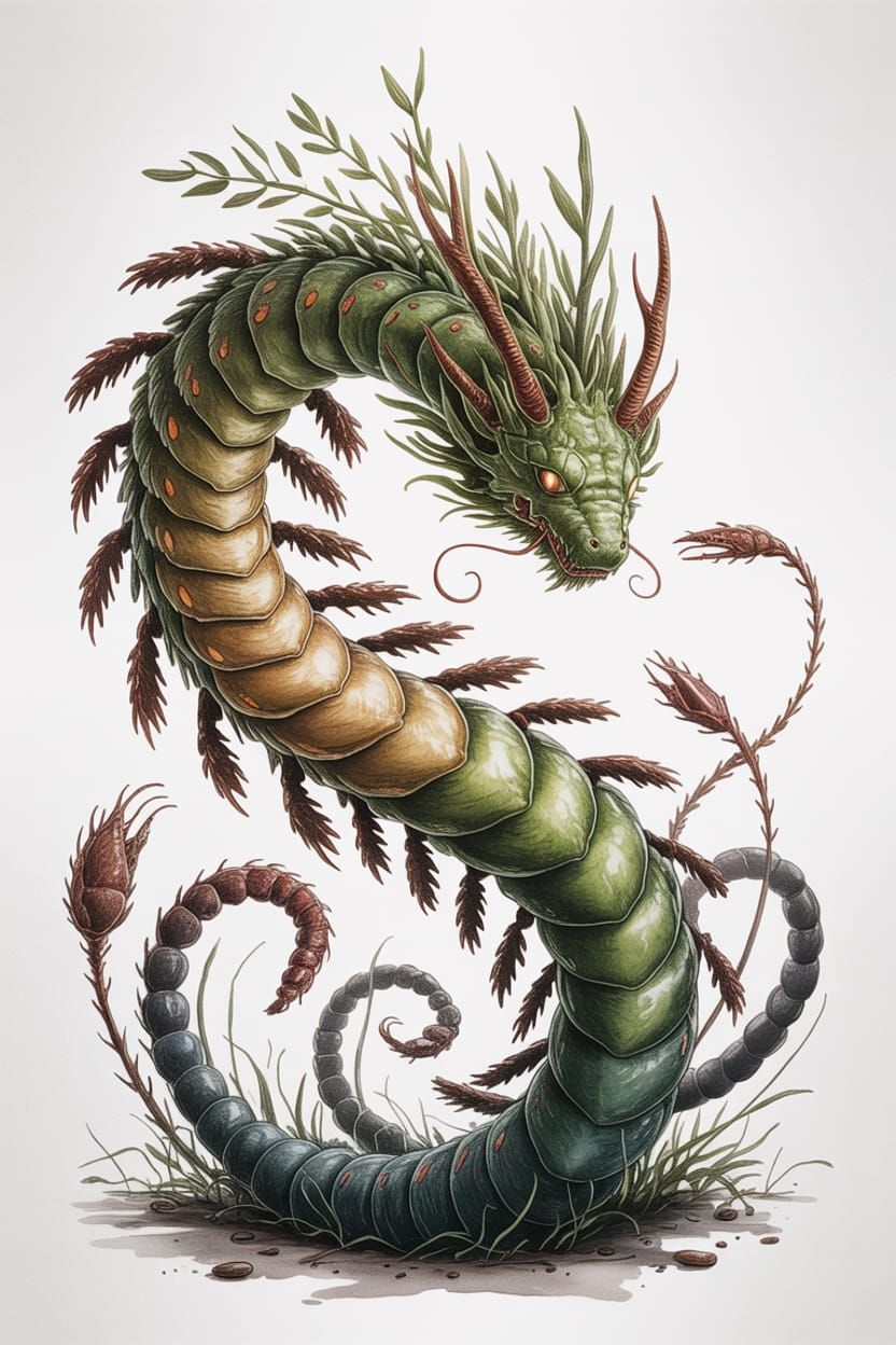 Chimeric Caterpillar Creature in Watercolor Illustration