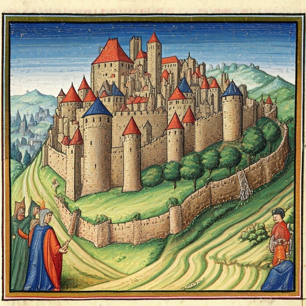 Medieval manuscript illumination of the citadel of Carcasson...