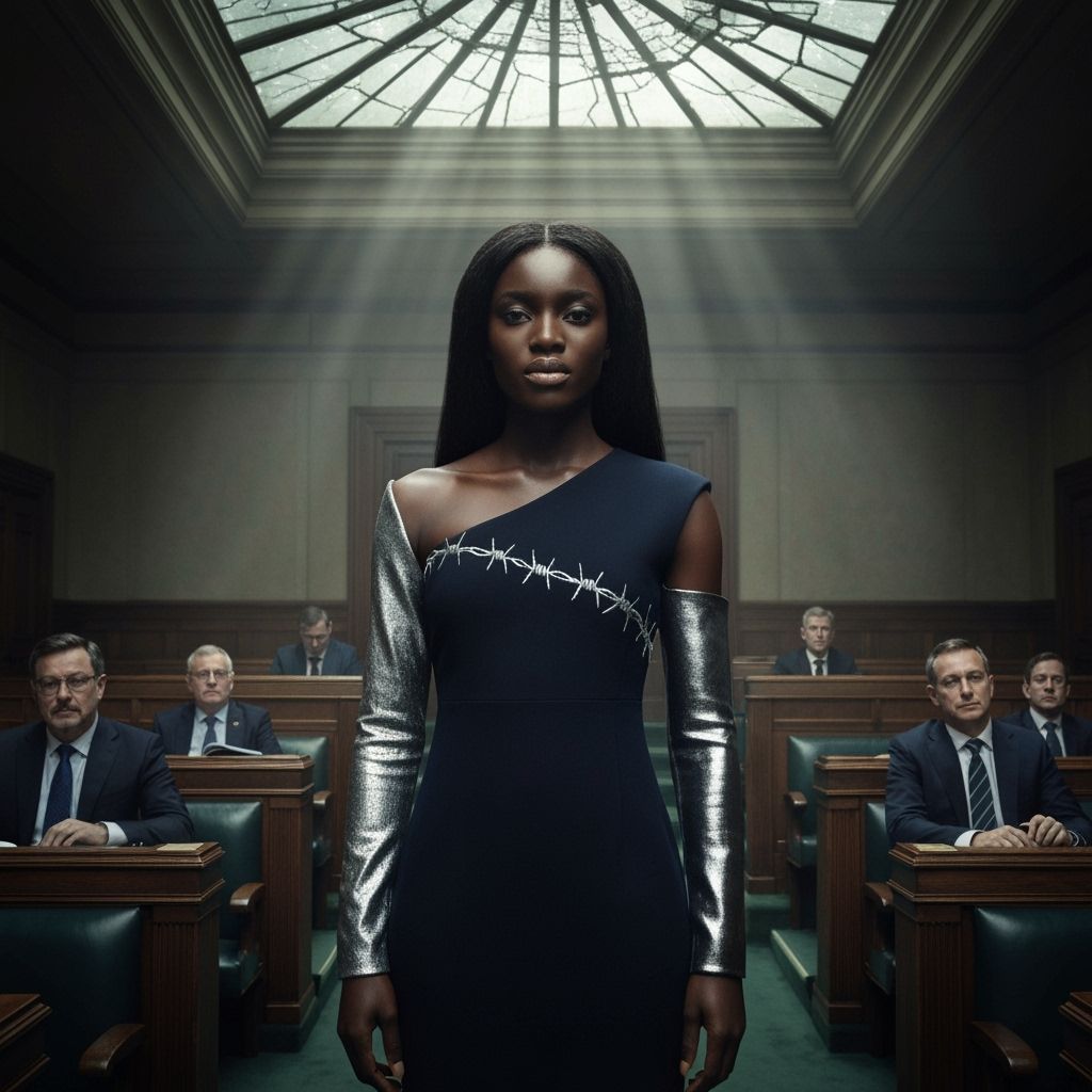 Defiant Woman in Shadowed Parliament