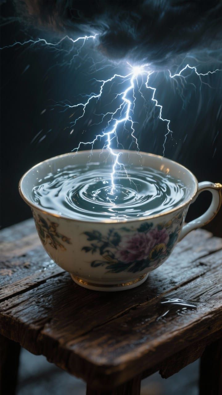Miniature Thunderstorm Captured in Antique Teacup