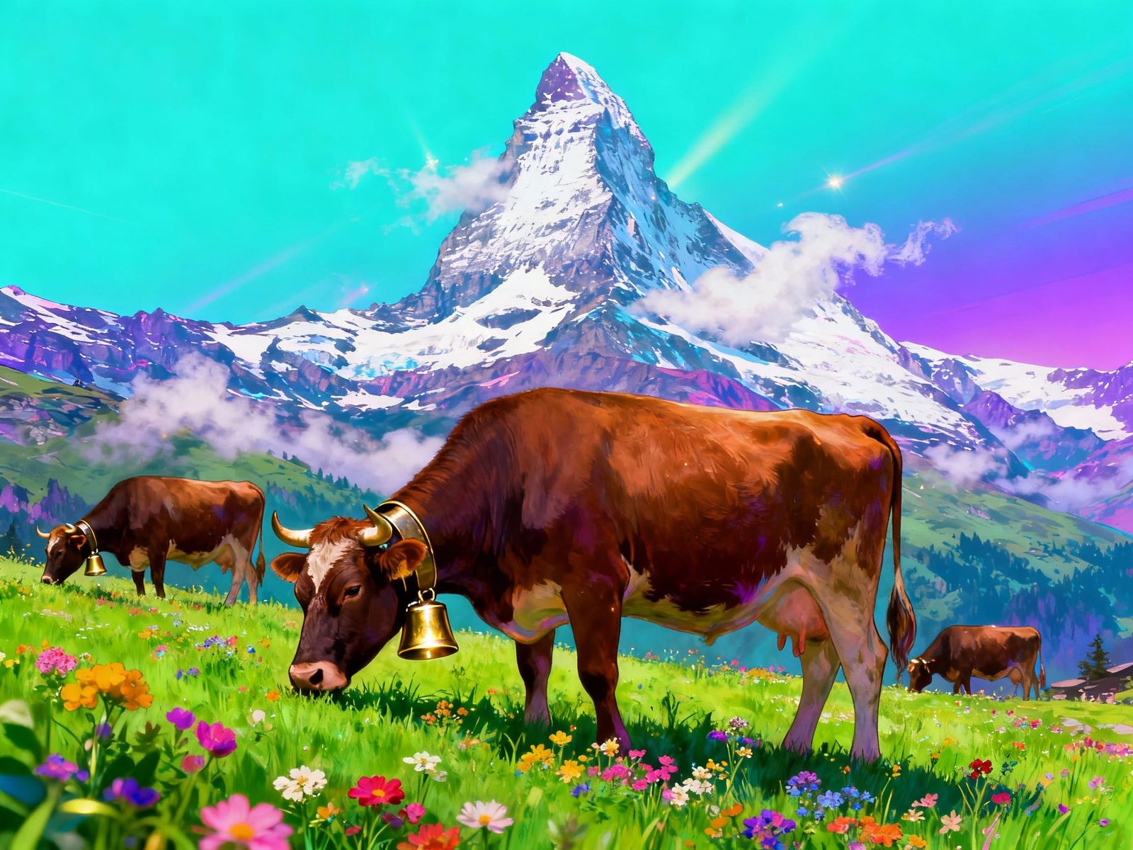 Serene Alpine Meadow Under Matterhorn, 1980s Airbrush Style