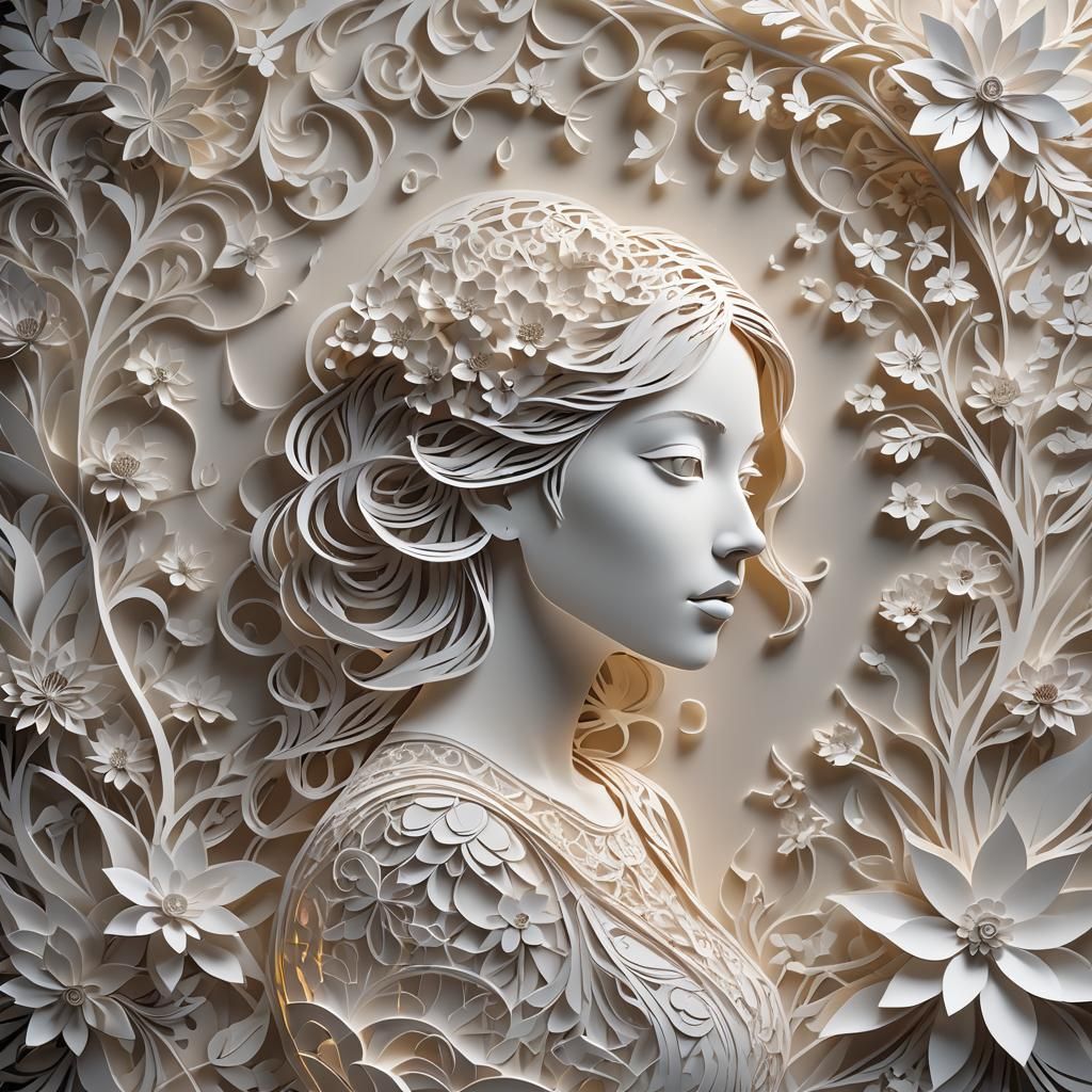 Backlit Girl in White Papercut Floral Design
