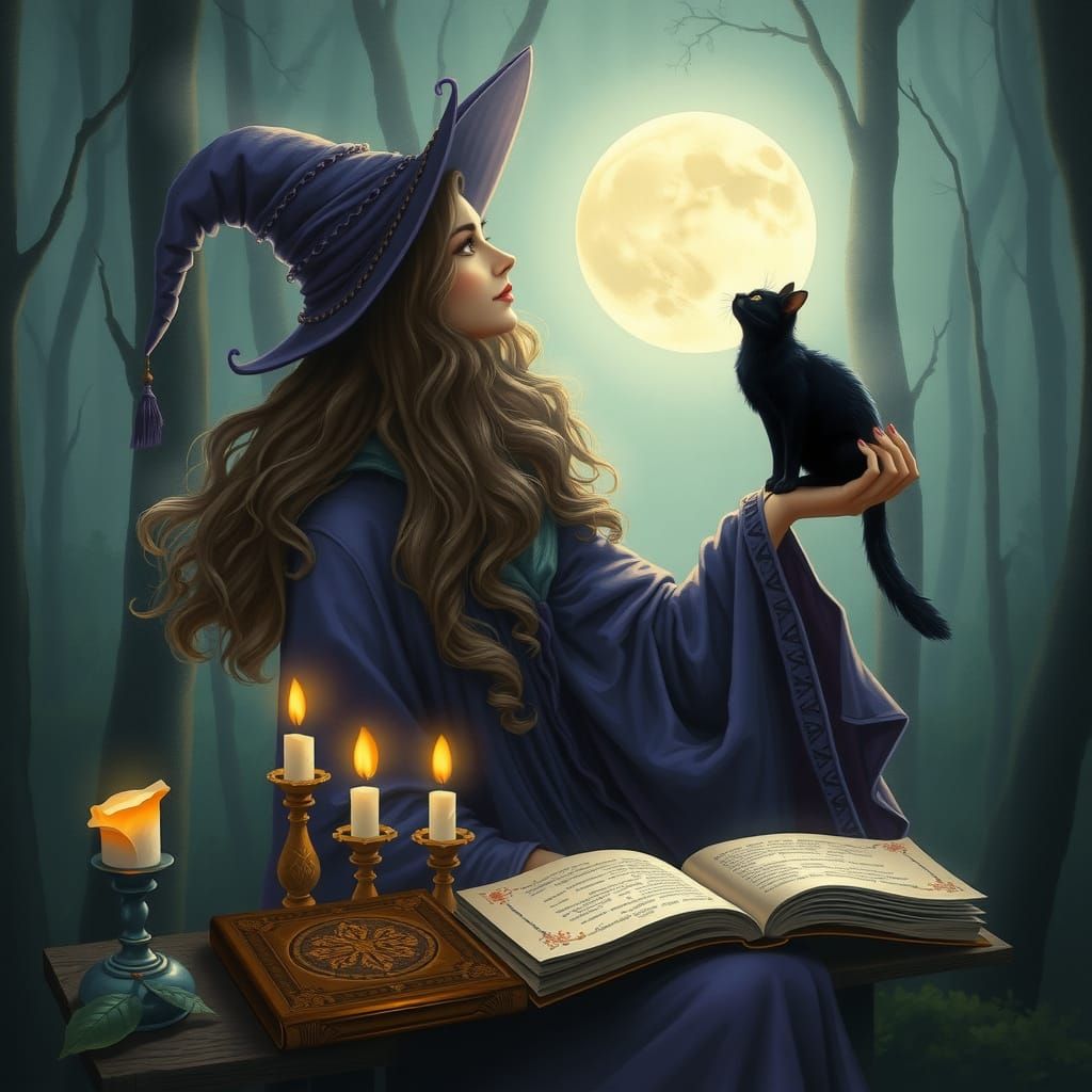 Mystical Witch Casting Spell in Eerie Forest