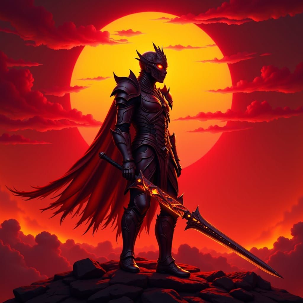 Lone Warrior Silhouetted Against Fiery Gothic Sunset