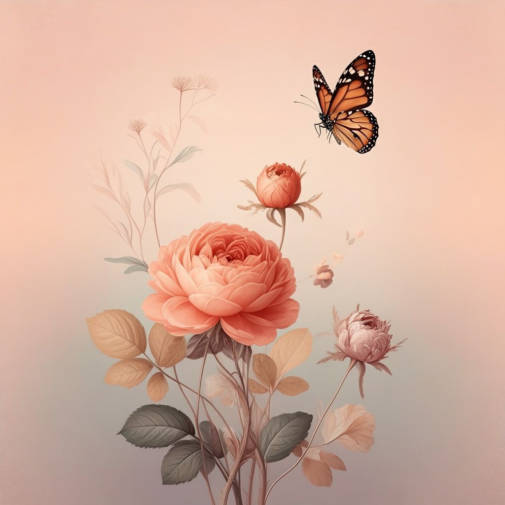 Ethereal Floral Painting with Butterfly in Soft Peach Tones