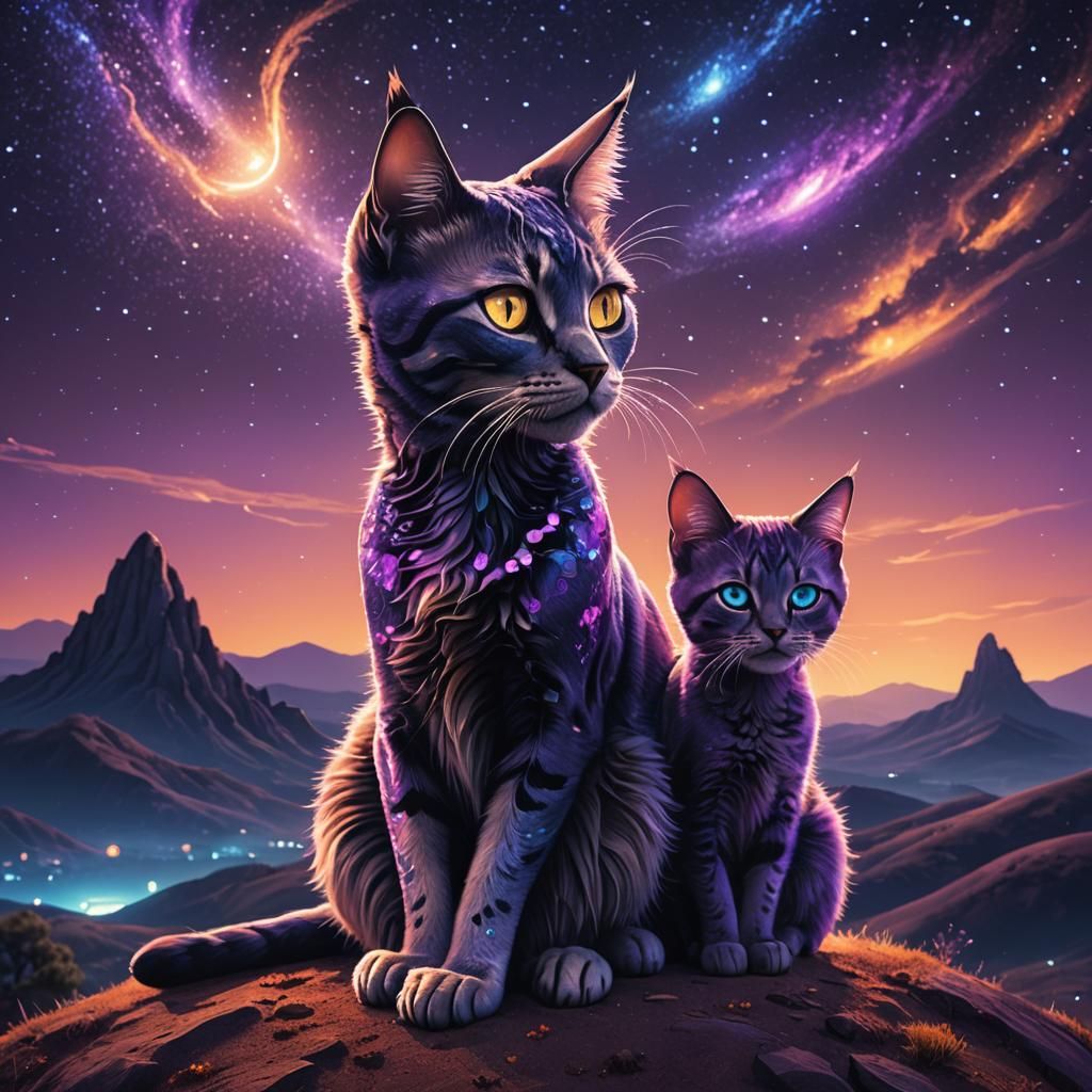 Alien Cat Gazing at Stars: Digital Matte Painting