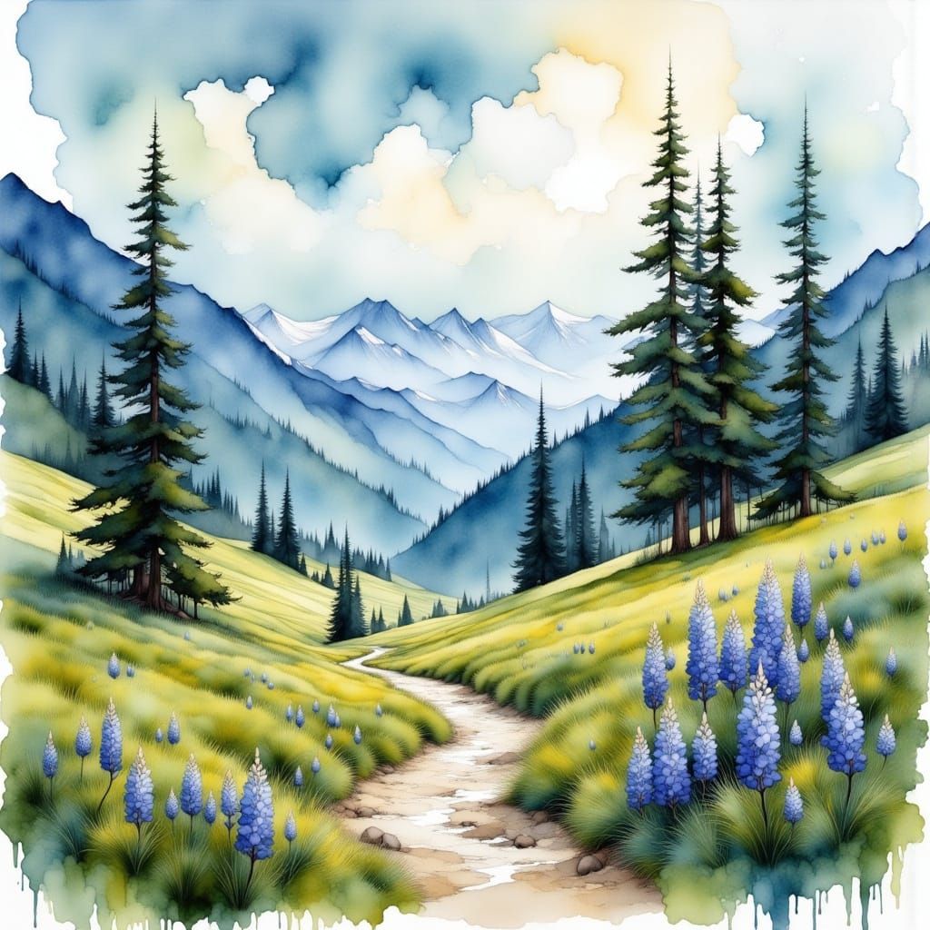 Alpine Landscape in Watercolor Painting Style