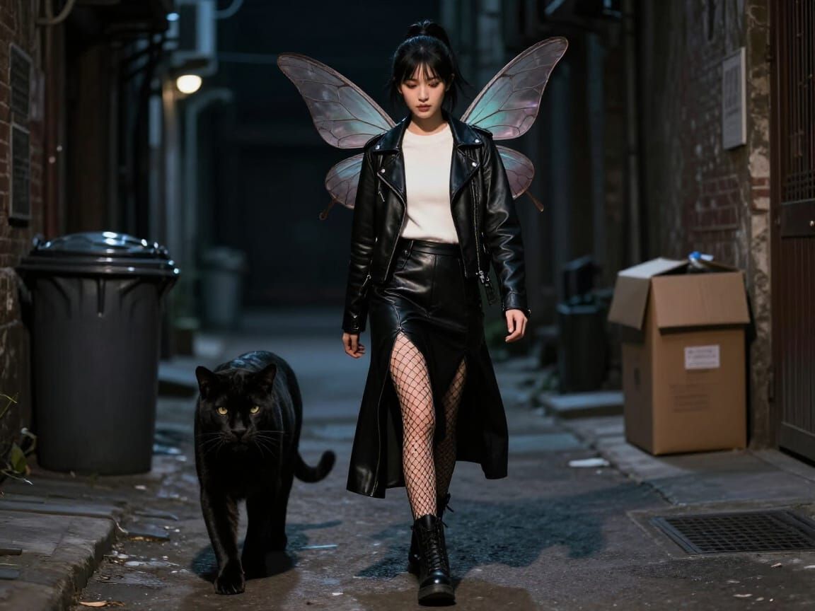 Dark fairy and her cat walk out of dark alley
