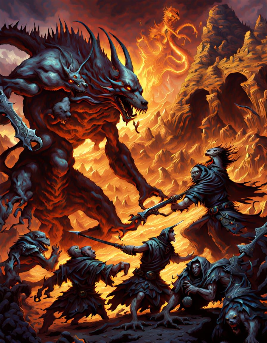 Armored Skeletons Clash with Cerberus in Psychedelic Arena