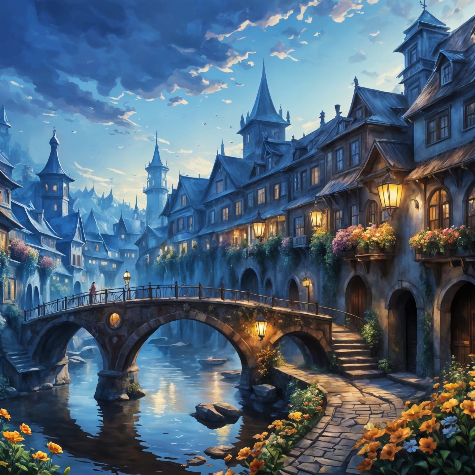 Picturesque Flowery Town Morning Scene with Bridge