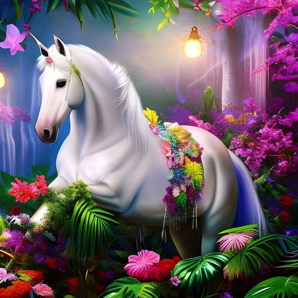 Enchanted Unicorn in Exotic Flower Jungle
