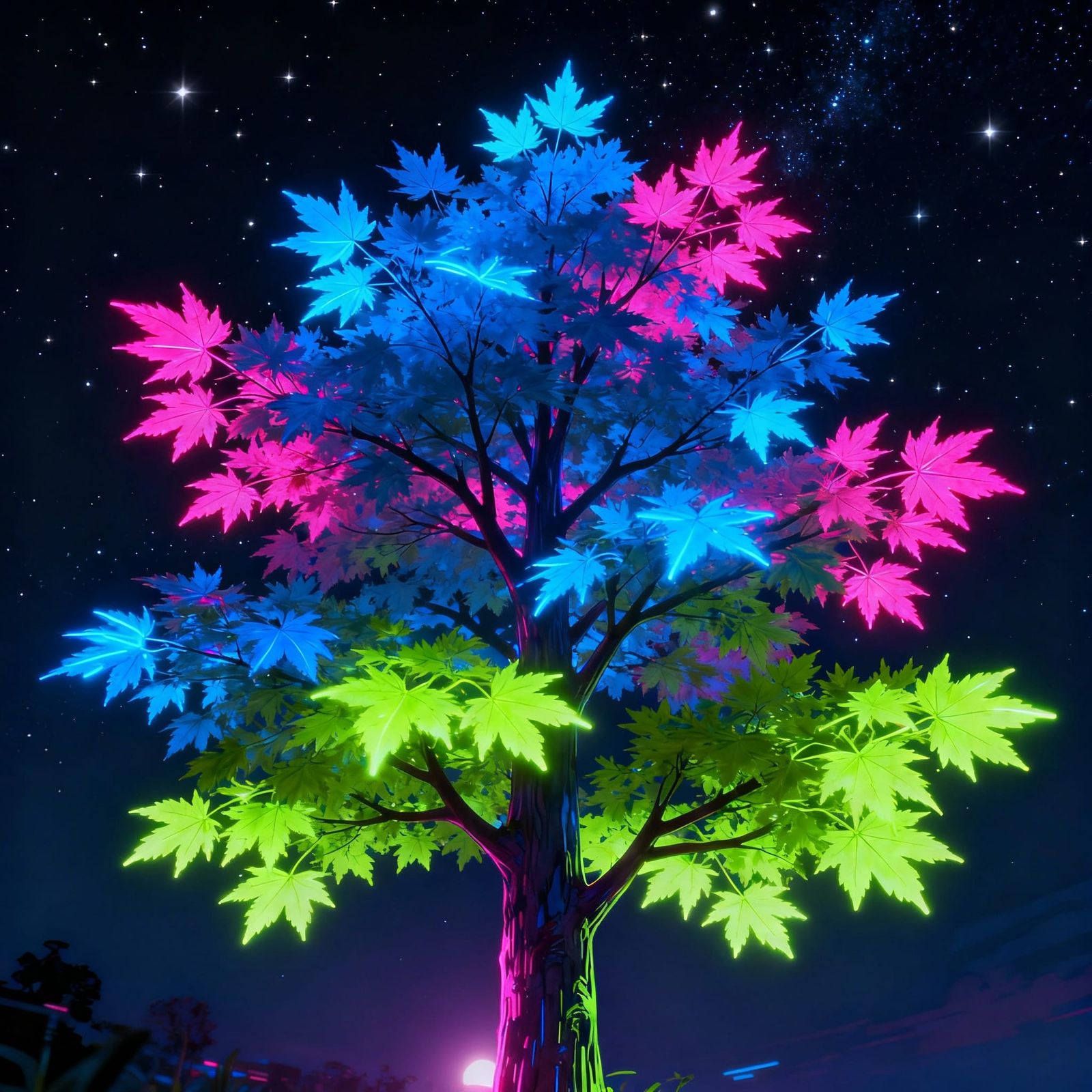 Luminous Neon Maple Tree Under Starry Night Sky