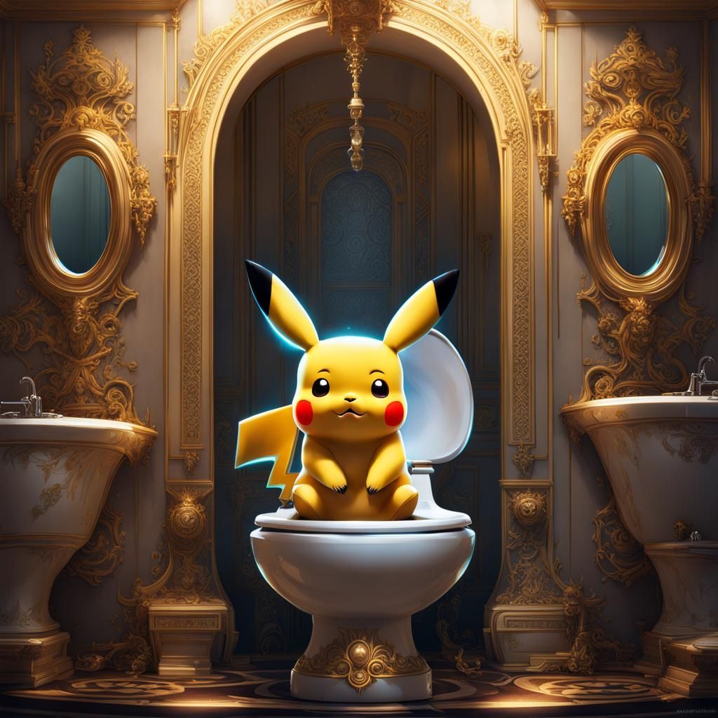 Cute Chibi Pikachu on Toilet, Detailed Digital Art