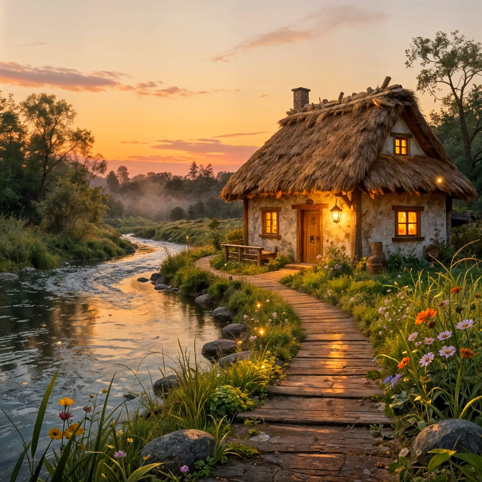Cozy Fairytale Cottage at Sunset by a River