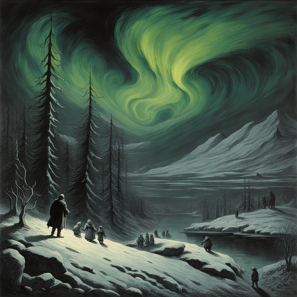 Eerie Northern Lights in Gothic Horror Style