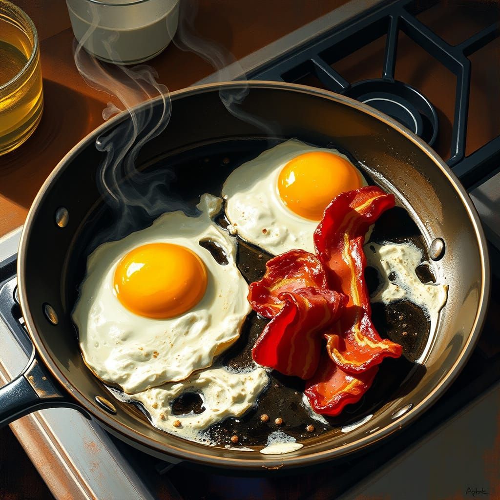 Sizzling Eggs and Bacon in Rockwell Style
