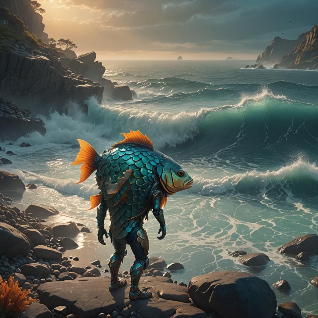 Fish with Human Legs on Rocky Coast