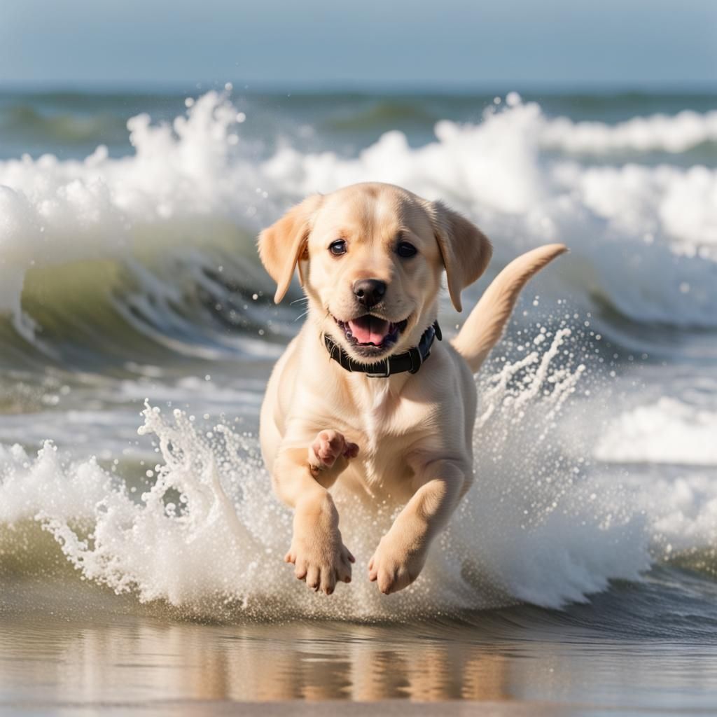 Labrador Puppy Running Through Waves