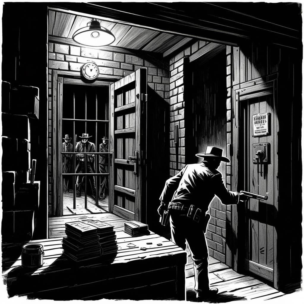 Gritty Old West Outlaws Storm Bank Vault in Film Noir Style