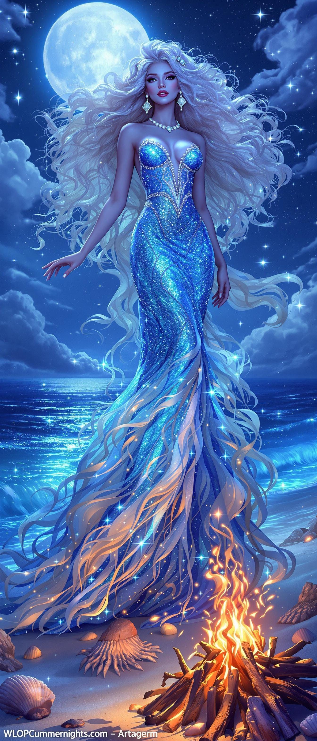 Ocean Goddess on Moonlit Beach, Hyperrealistic Art