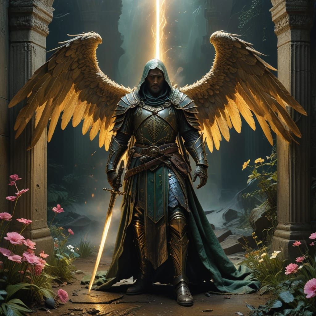 The Guardian of Paradise in Classic Oil Painting Style