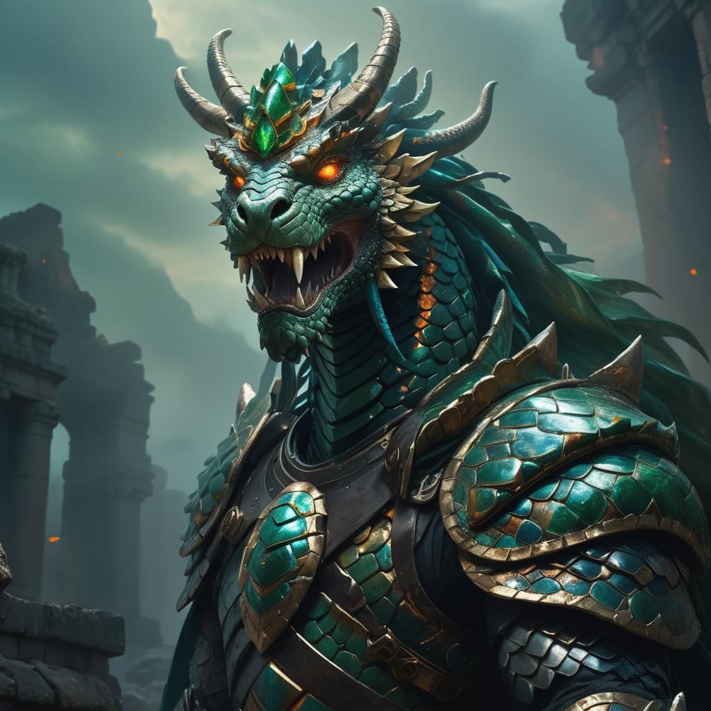 Armored Gorgon in Ancient Ruins: Fantasy Art