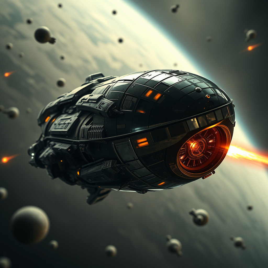 Alien Ship Dodging Asteroids in Hyperrealistic Style