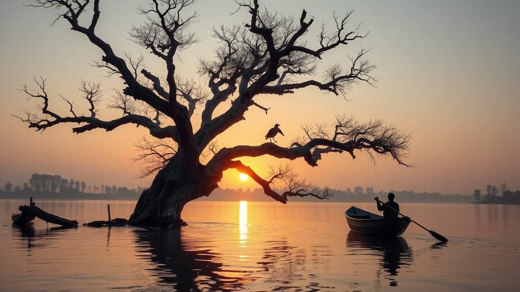 Serene Sunset Over Water with Lone Figure in Boat
