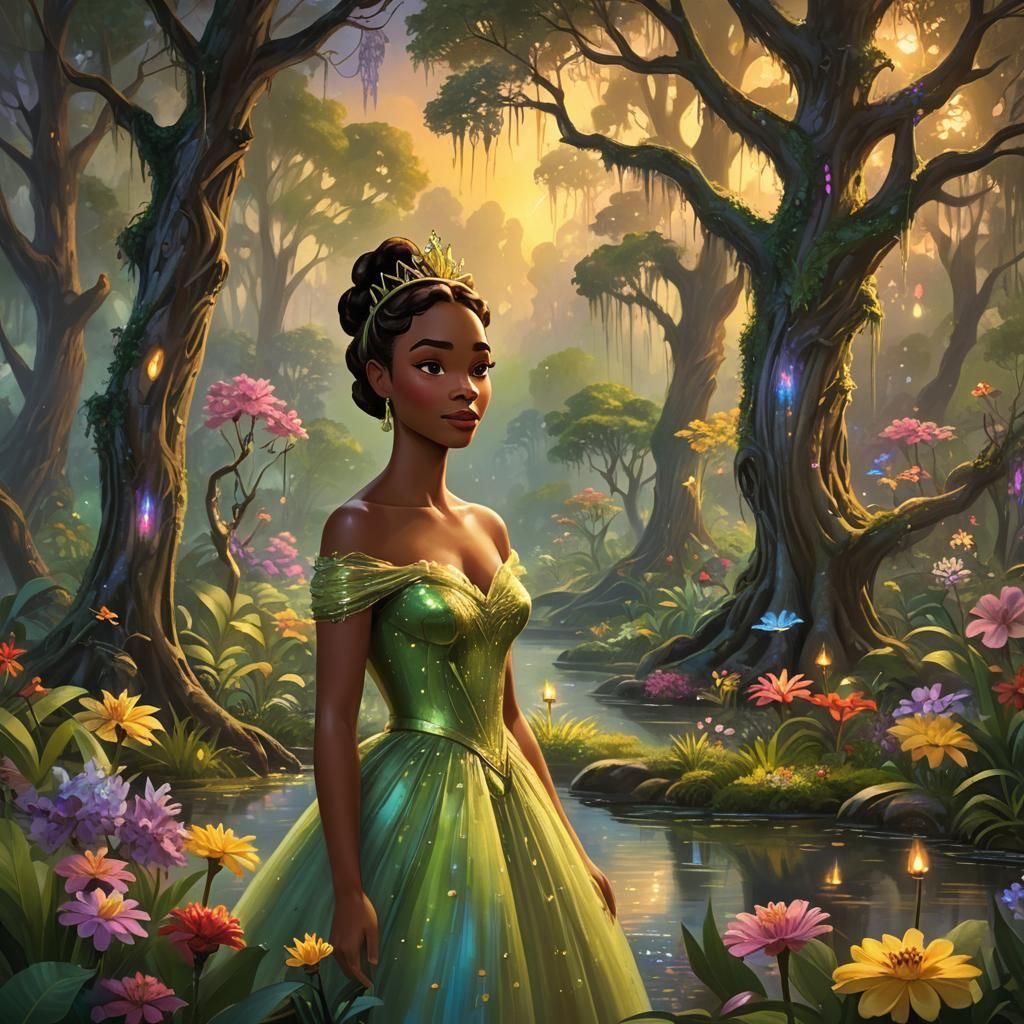 Princess Tiana in Bayou Garden: Oil Painting