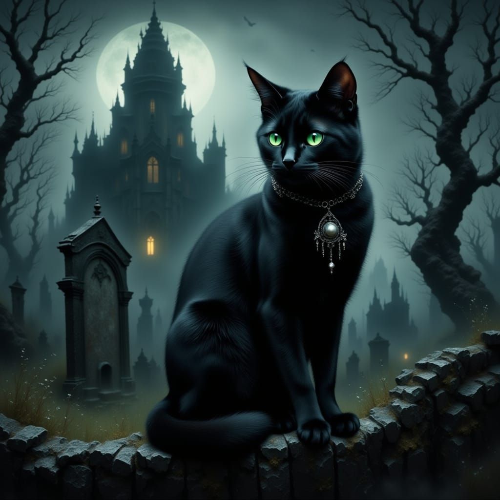 Gothic Black Cat in Misty Cemetery at Night