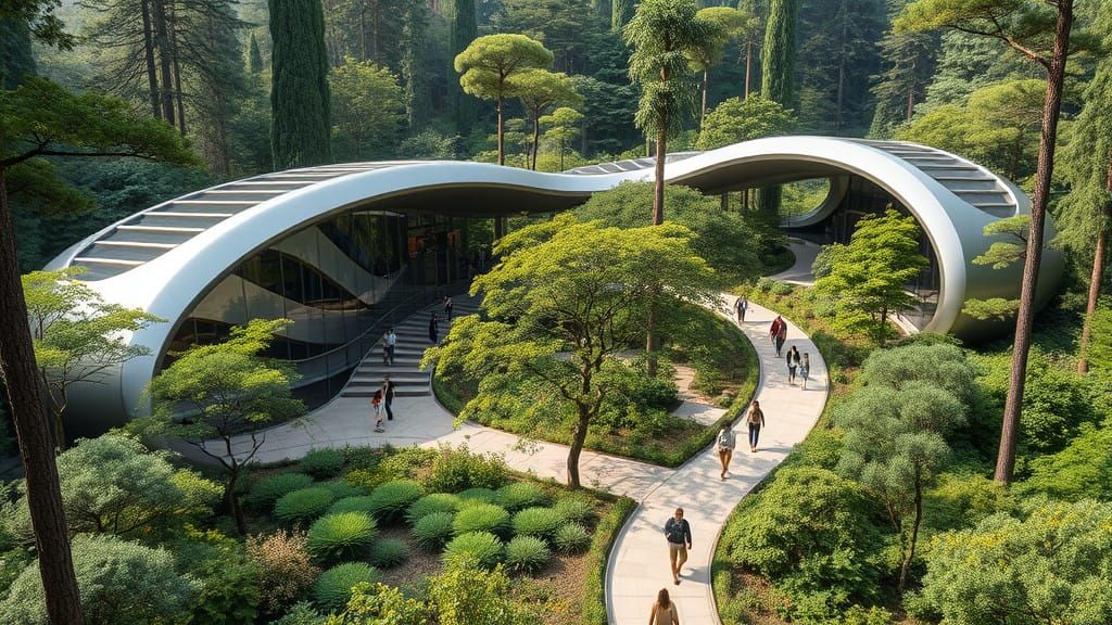 Sleek Steel Community Center Blends into Vibrant Forest Land...