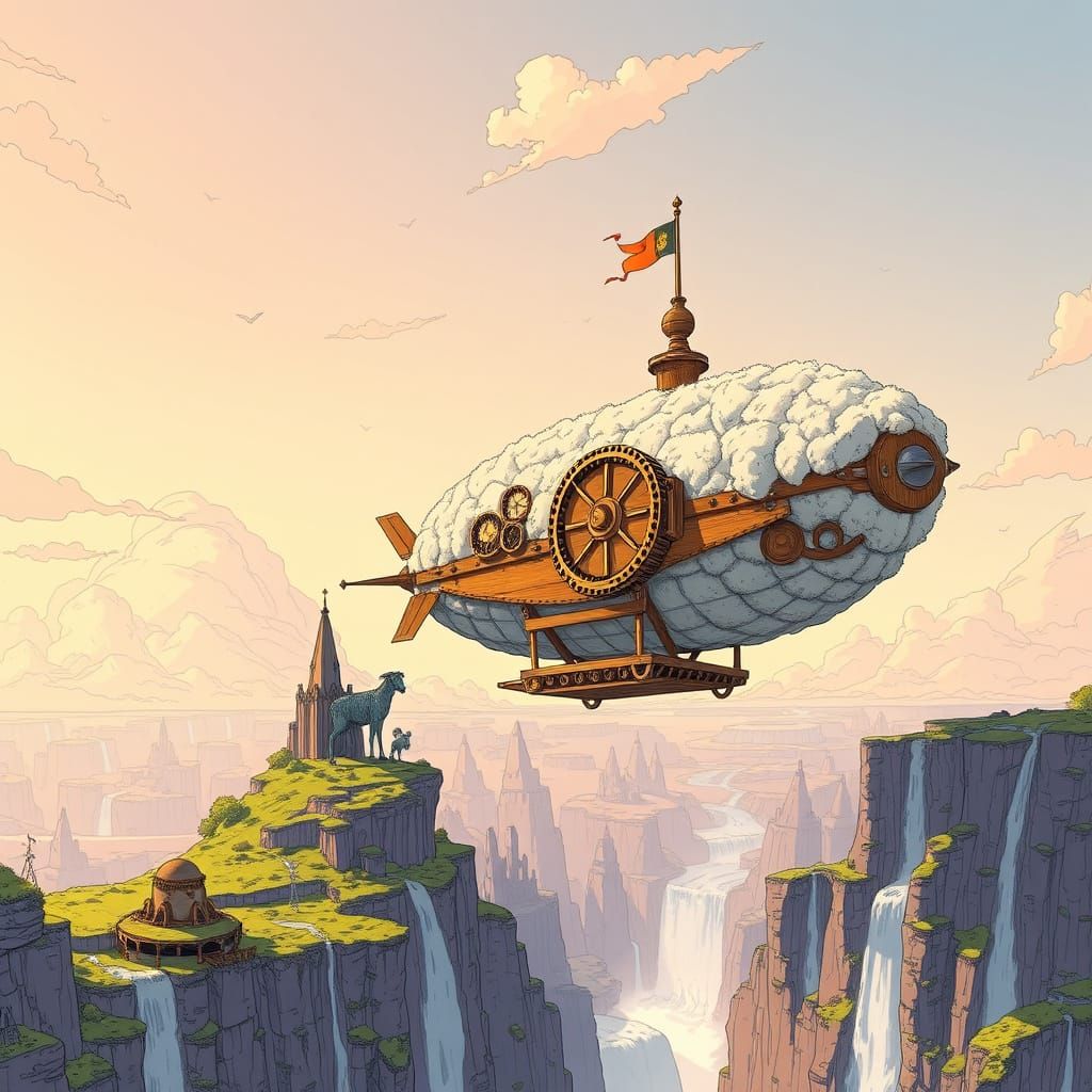 Sheep Airship Soars Over Surreal Landscape in Comic Style