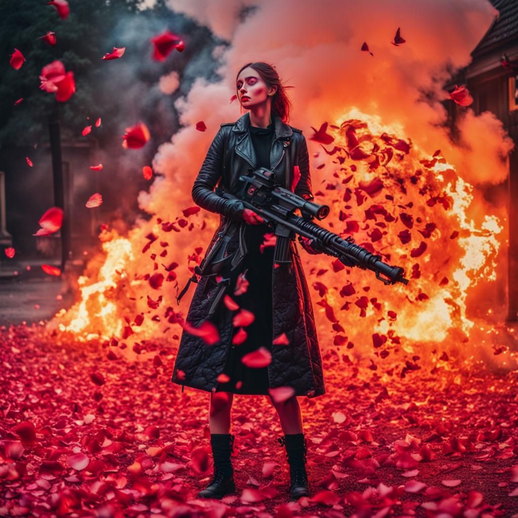 Woman with Flamethrower Burning Roses in Fairycore Style